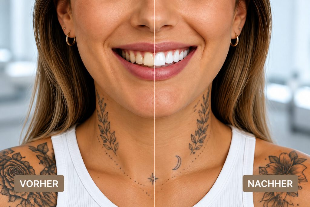 Vorher-Nachher-Vergleich einer professionellen Zahnaufhellung mit In-Office-Bleaching