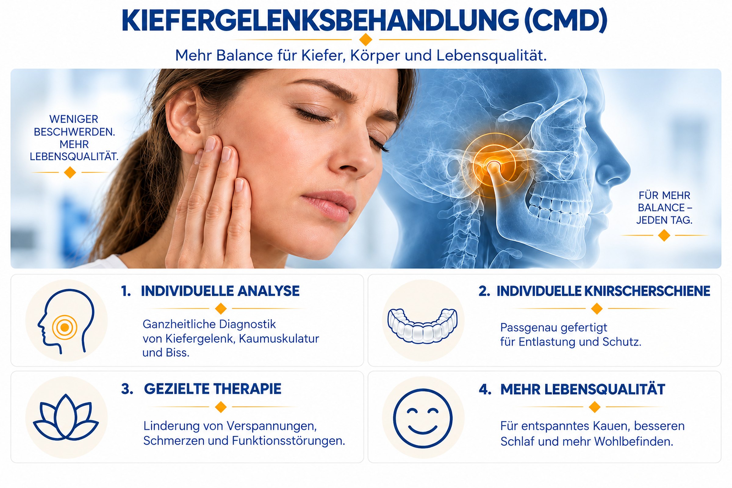 Kiefergelenksbehandlung bei CMD mit individueller Analyse und Knirscherschiene