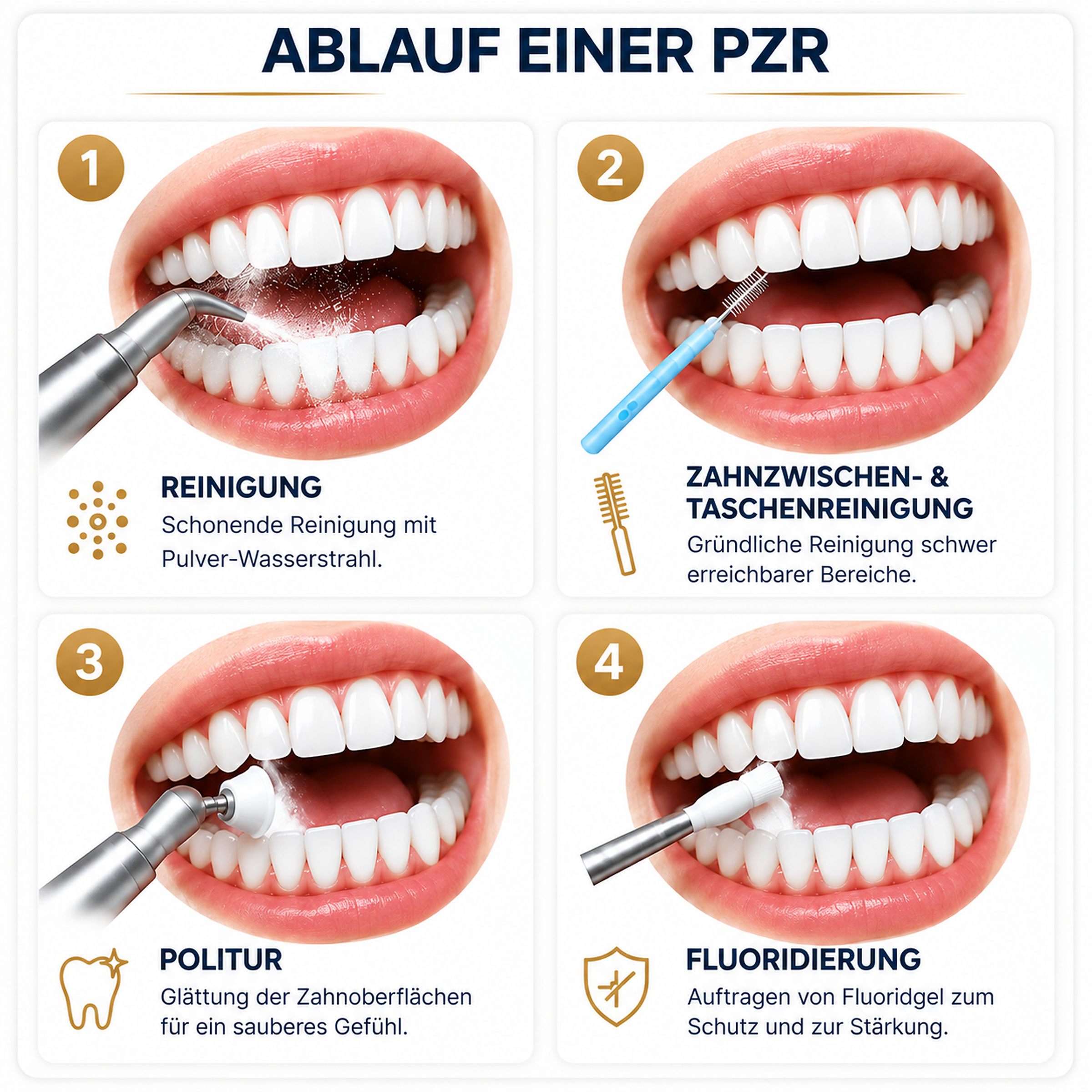 Ablauf einer professionellen Zahnreinigung mit Reinigung, Zahnzwischenraumpflege, Politur und Fluoridierung