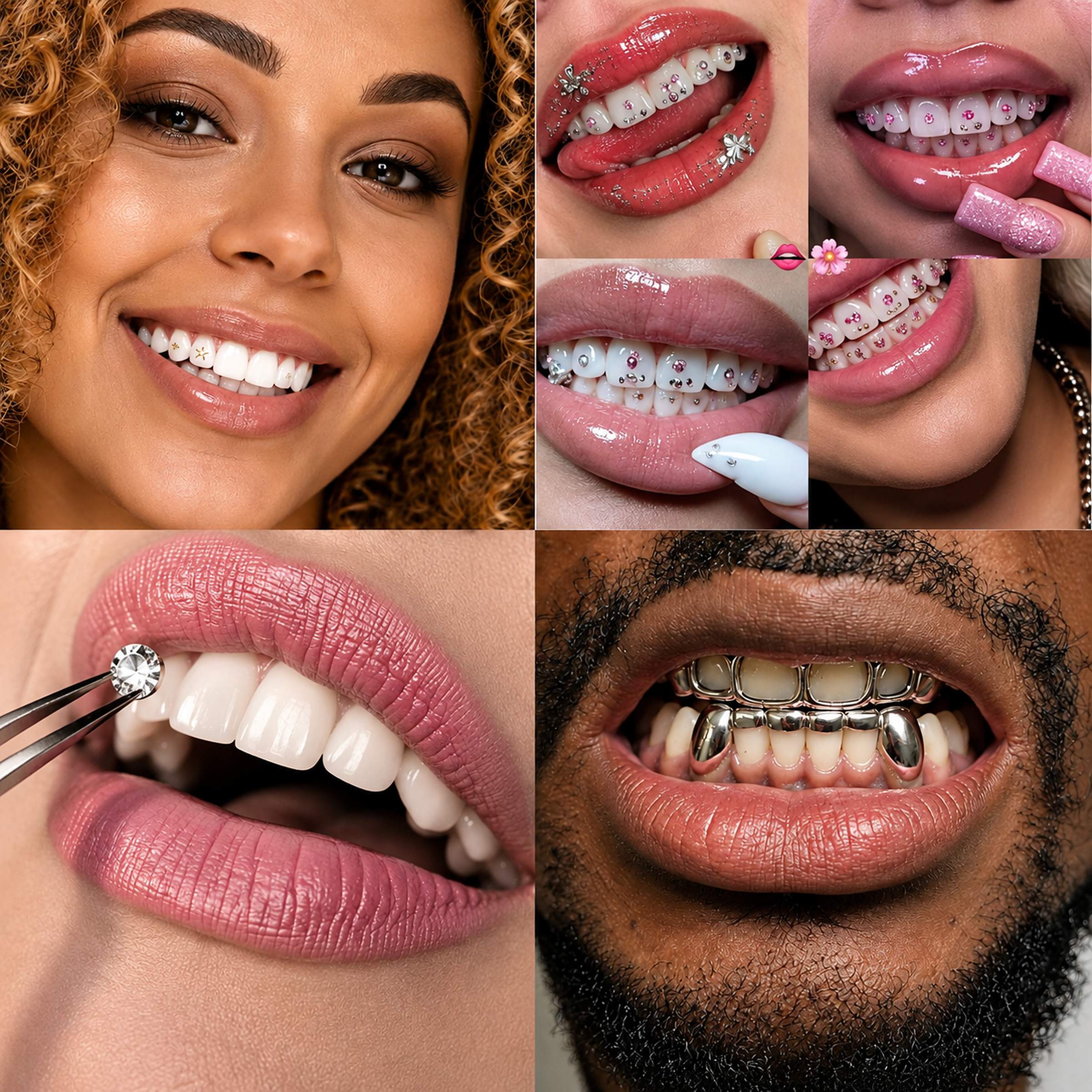 Zahnschmuck mit verschiedenen Dental Gems, Schmucksteinen und dekorativen Zahnelementen